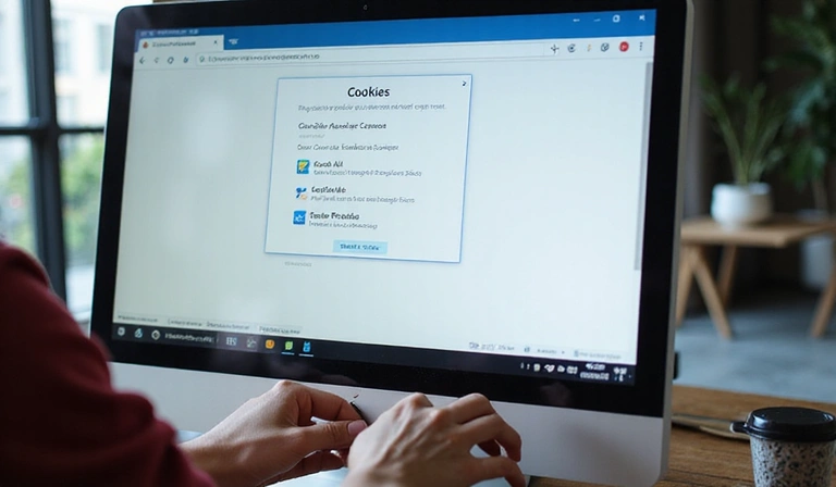 Person managing cookie settings on a web browser, showing options to accept or reject cookies